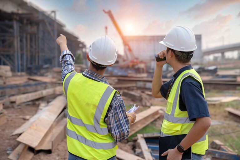 A contractor and homeowner reviewing building plans outside a mountain home under construction