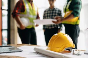 Homeowner reviewing renovation plans and insurance documents at a kitchen table beside construction materials.