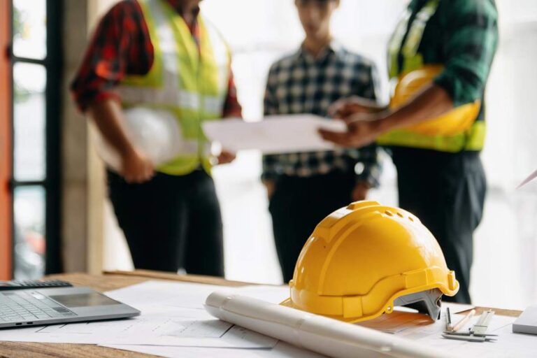 Homeowner reviewing renovation plans and insurance documents at a kitchen table beside construction materials.