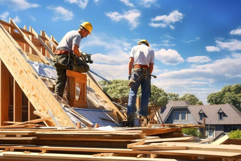 Workers install attic insulation and seal air leaks in a cold-climate home during remodeling.